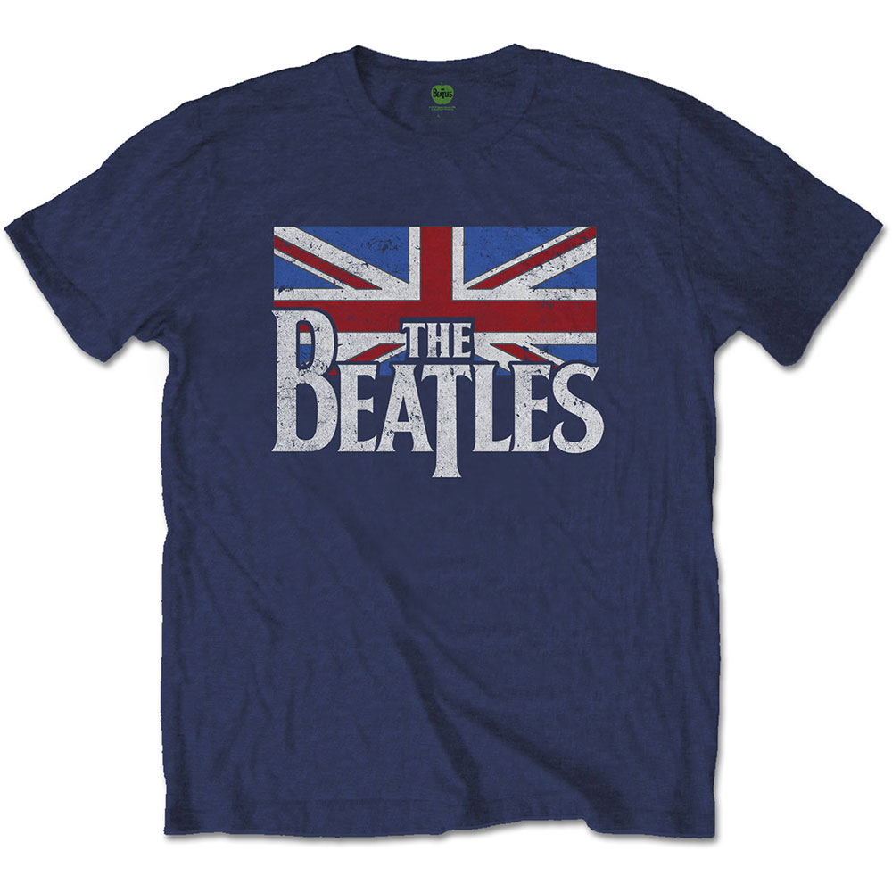 The Beatles tričko Drop T Logo & Vintage Flag Modrá M