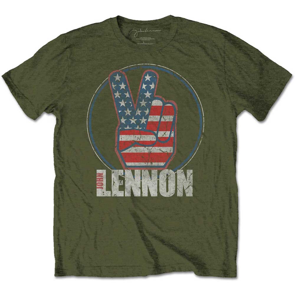 John Lennon tričko Peace Fingers US Flag Zelená XL