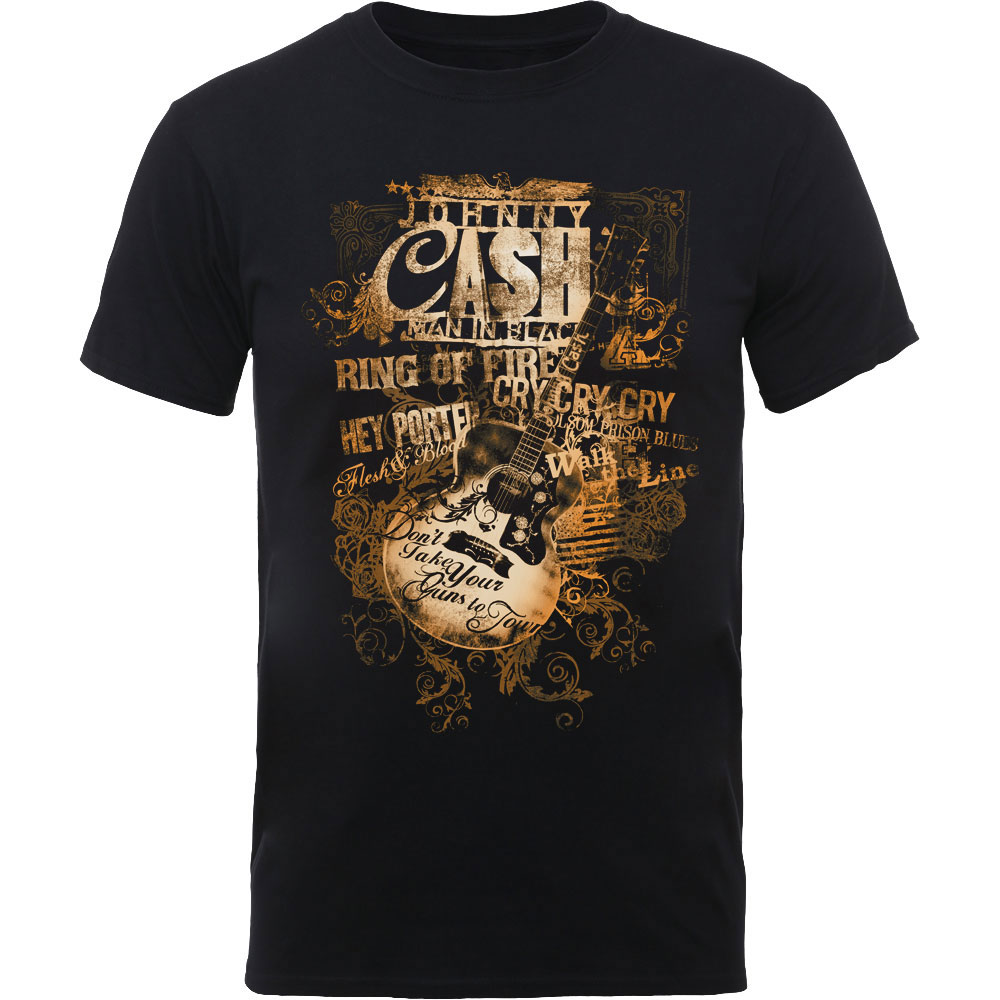 Johnny Cash tričko Guitar Song Titles Čierna XL