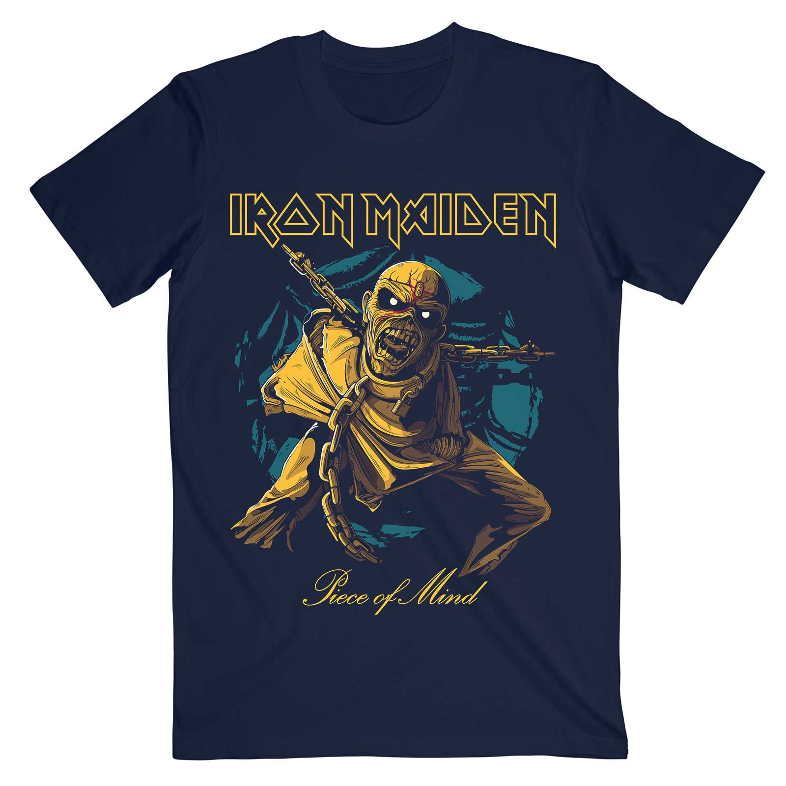 Iron Maiden tričko Piece of Mind Gold Eddie Modrá XXL